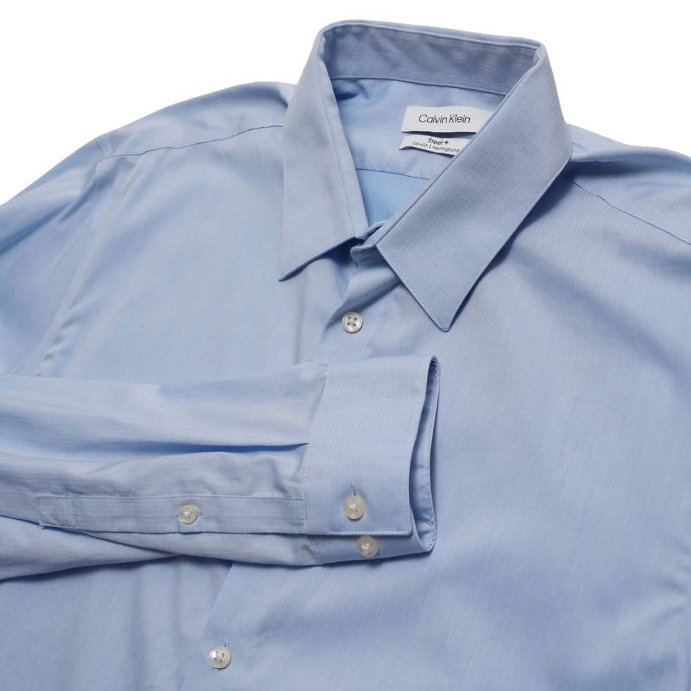 Calvin Klein Dress Shirt Mens Large Blue Steel+ Slim Fit Herringbone Long Sleeve